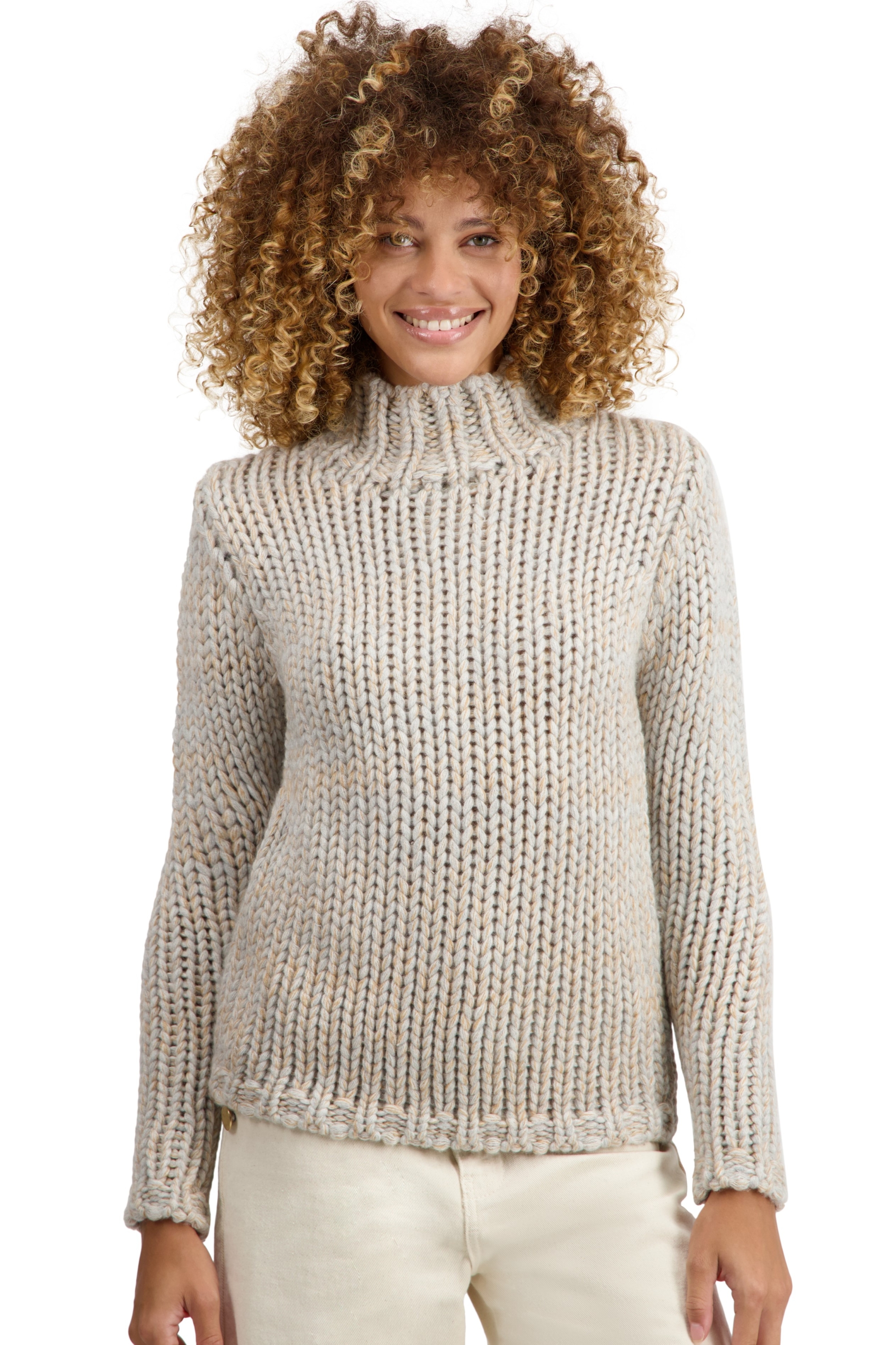 Cachemire pull femme col roule toxane flanelle chine camel natural ecru l