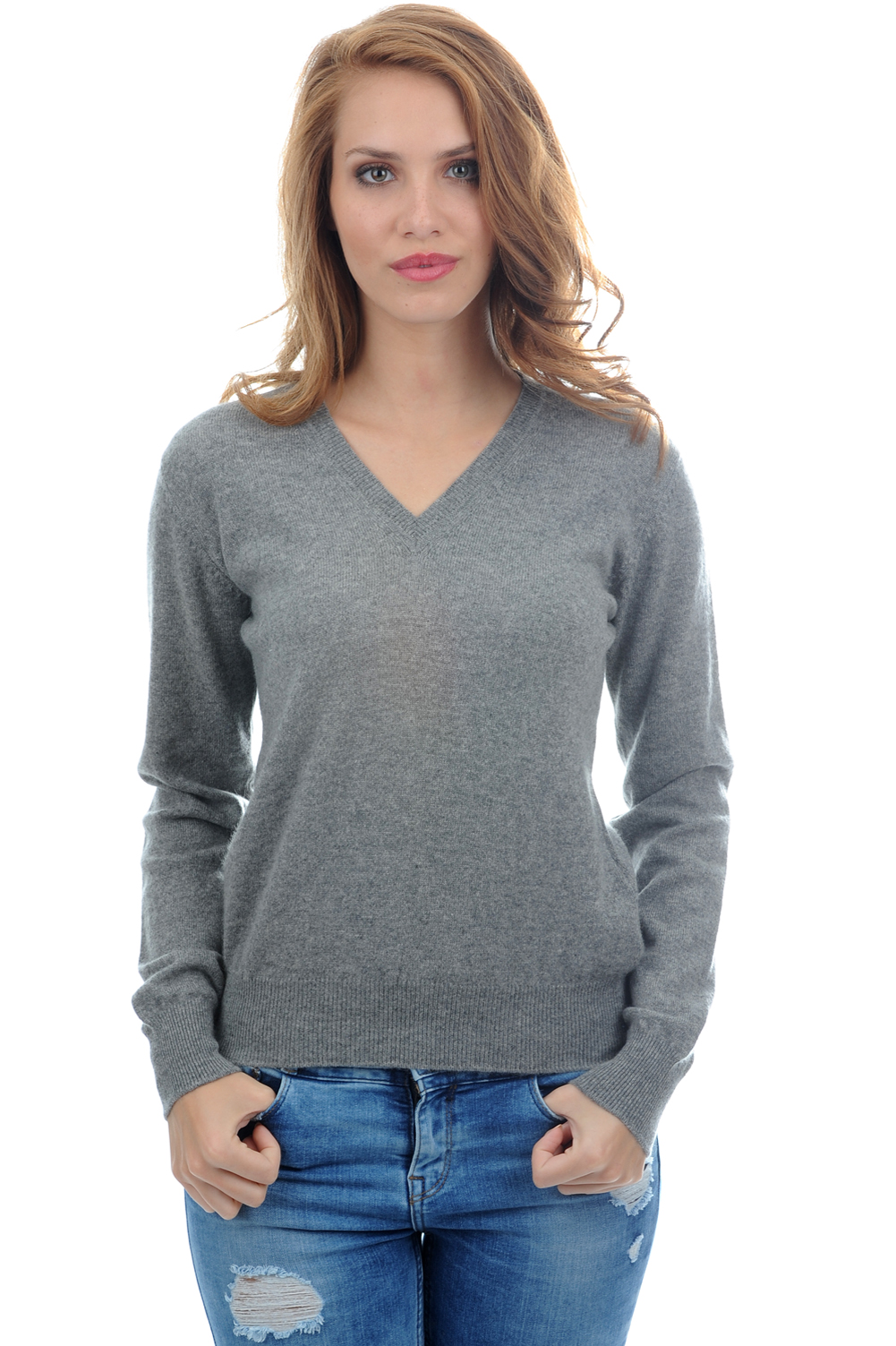 Cachemire pull femme col v faustine gris chine l