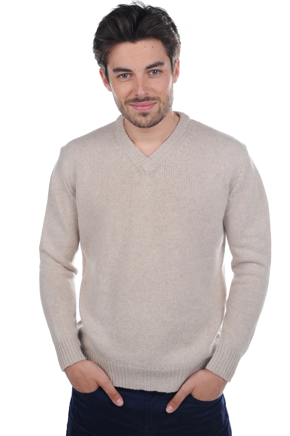 Cachemire pull homme col v atman natural beige s