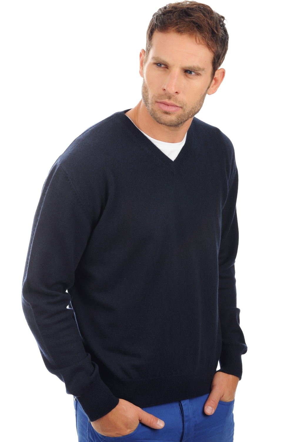 Cachemire pull homme col v gaspard marine fonce m