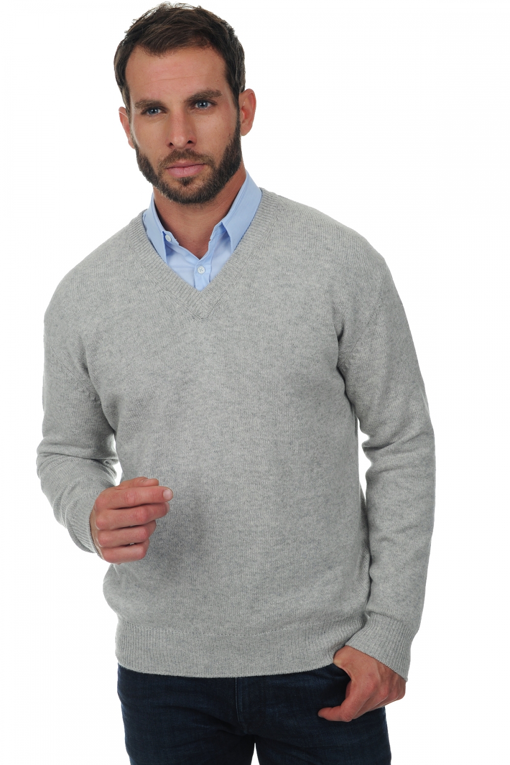 Cachemire pull homme col v hippolyte 4f flanelle chine xs