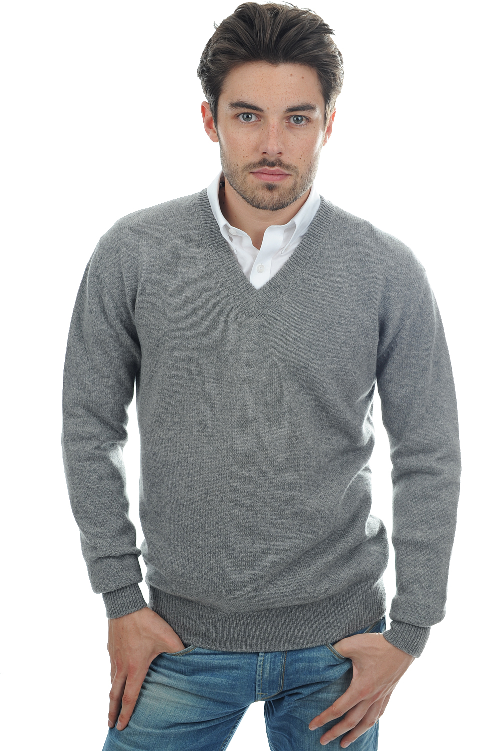 Cachemire pull homme col v hippolyte 4f gris chine m